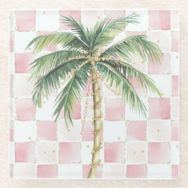 Chic Pink White Squares Gold Palm Tree Glasuntersetzer