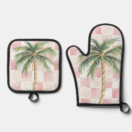 Chic Pink White Squares Gold Palm Tree Ofenhandschuh & Topflappen-Set