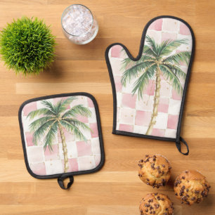 Chic Pink White Squares Gold Palm Tree Ofenhandschuh & Topflappen-Set