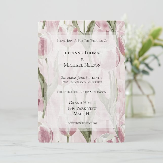 Chic Pink White Tulip Blume Hochzeit Einladung (Stehend Vorderseite)
