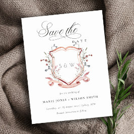 Chic Pink Wildblume Monogram Wappen Save the Date Ankündigungspostkarte