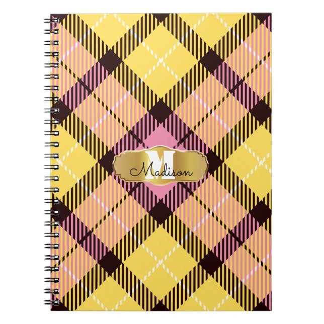 Chic Pink Yellow Tartan Gold Monogram Script Name Notizblock (Vorderseite)
