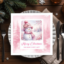 Chic Pinkmas Winter Forest Napkins Snowman Holiday Serviette