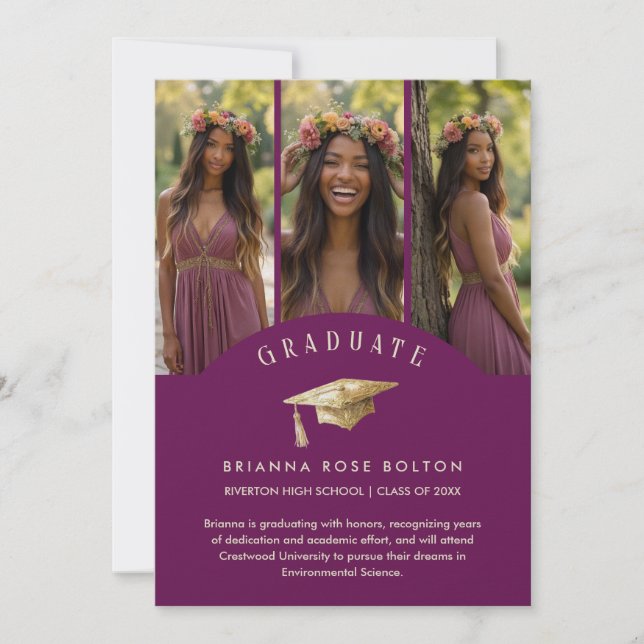 Chic Plum Graduate Collage 3-Photo Graduation Cap (Vorderseite)