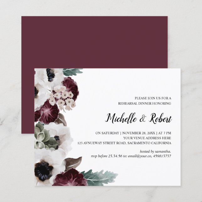 Chic Plum Ivory Sage Hochzeit Probe Dinner (Vorne/Hinten)