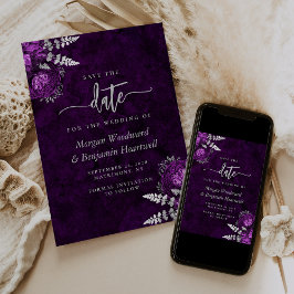 Chic Plum Silver Floral Wedding Save the Date Einladung