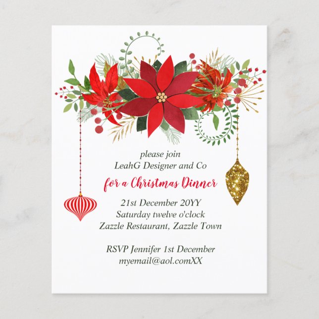 Chic Poinsettia Christmas Red Gold Party Flyer (Vorne)