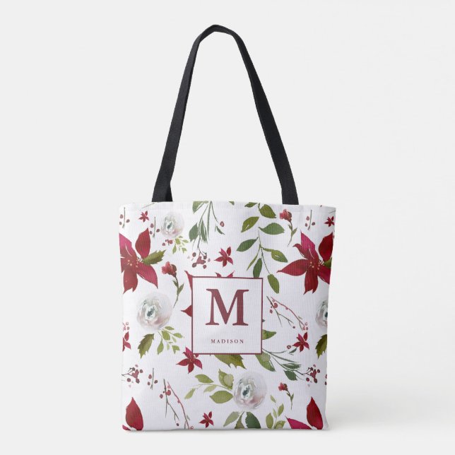 Chic Poinsettia Floral Monogramm mit Vorname (Rückseite)