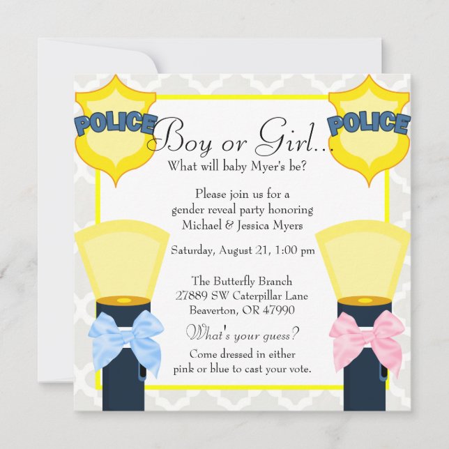 Chic Police Officer Abzeichen Damask Gender Reveal Einladung (Vorderseite)