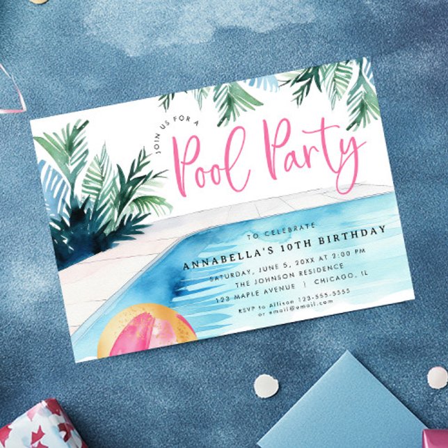 Chic Pool Geburtstagsparty Moderne Aquarell Einladung (Von Creator hochgeladen)
