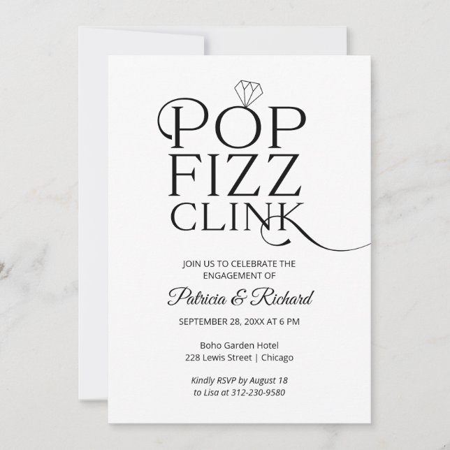 Chic Pop Fizz Clink Engagement Party Einladung (Vorderseite)