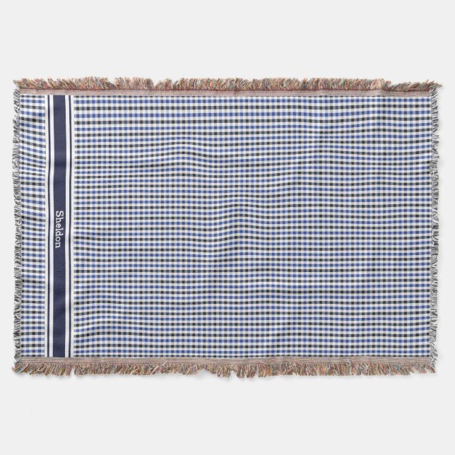 chic Preppy Blue Gingham Muster Monogramm Decke (Vorderseite)