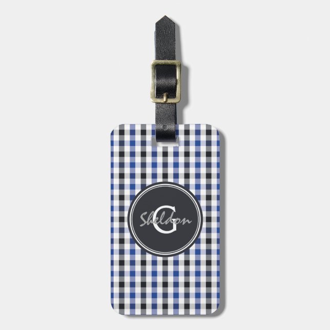 chic Preppy Blue Gingham Muster Monogramm Gepäckanhänger (Vorderseite vertikal)