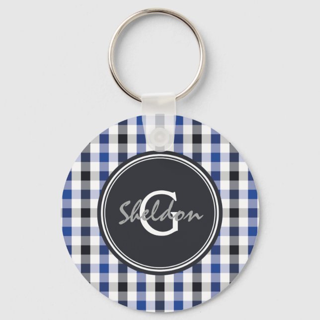 chic Preppy Blue Gingham Muster Monogramm Schlüsselanhänger (Vorderseite)