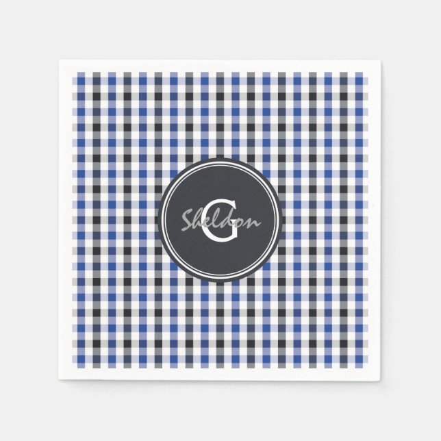 chic Preppy Blue Gingham Muster Monogramm Serviette (Vorderseite)