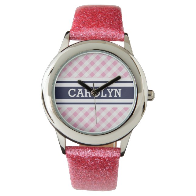 Chic Preppy Pink Marine Gingham Muster Monogramm Armbanduhr (Vorderseite)