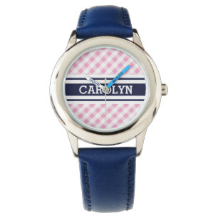 Chic Preppy Pink Marine Gingham Muster Monogramm Armbanduhr