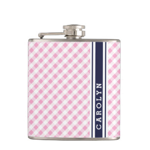 Chic Preppy Pink Marine Gingham Muster Monogramm Flachmann