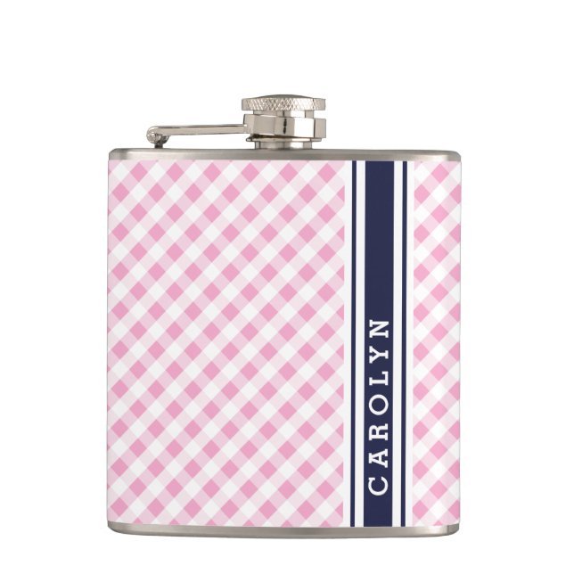 Chic Preppy Pink Marine Gingham Muster Monogramm Flachmann (Vorderseite)