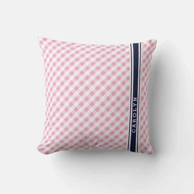 Chic Preppy Pink Marine Gingham Muster Monogramm Kissen (Vorderseite)
