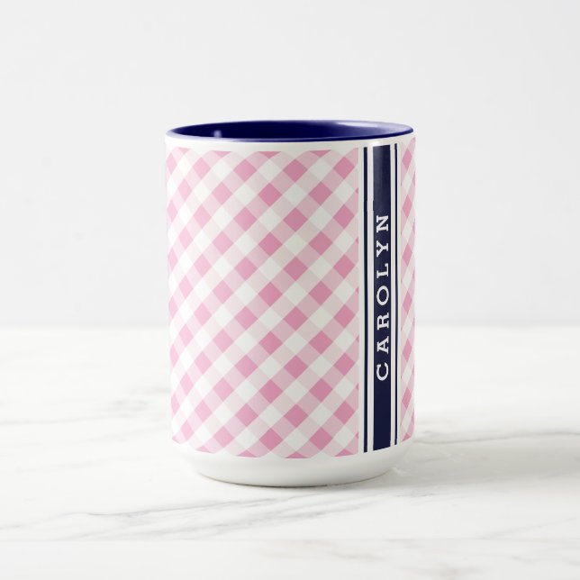 Chic Preppy Pink Marine Gingham Muster Monogramm Tasse (Zentrum)
