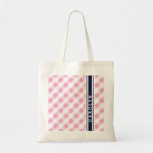 Chic Preppy Pink Marine Gingham Muster Monogramm Tragetasche (Vorne)