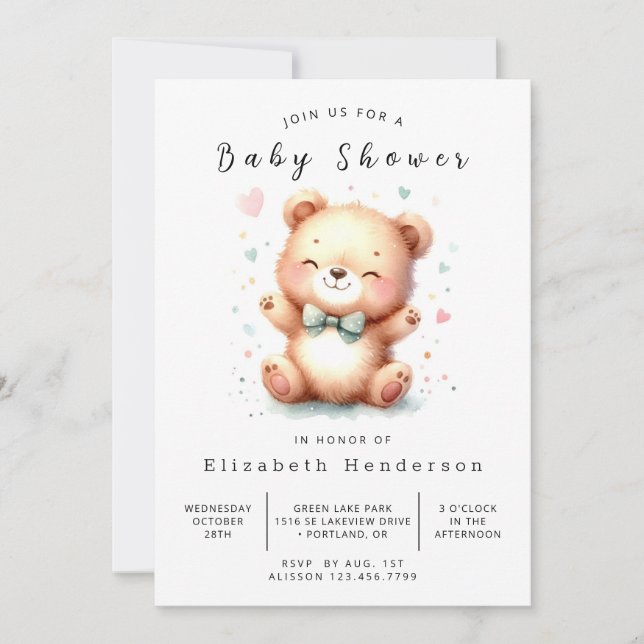 Chic Printable Bear Baby Dusche Einladung (Vorderseite)