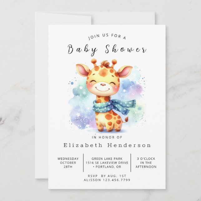 Chic Printable Giraffe Baby Dusche Einladung (Vorderseite)
