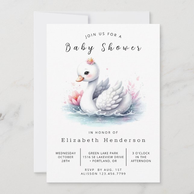 Chic Printable Swan Baby Dusche Einladung (Vorderseite)