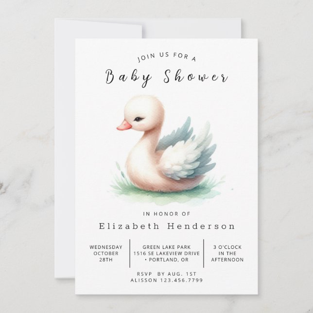 Chic Printable Swan Baby Dusche Einladung (Vorderseite)