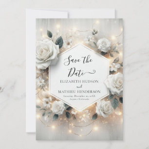 Chic Printable White Roses Wedding Save The Date