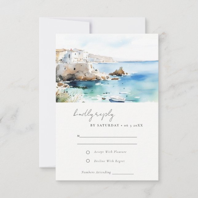 Chic Puglia Italy Watercolor Landscape Wedding RSVP Karte (Vorderseite)
