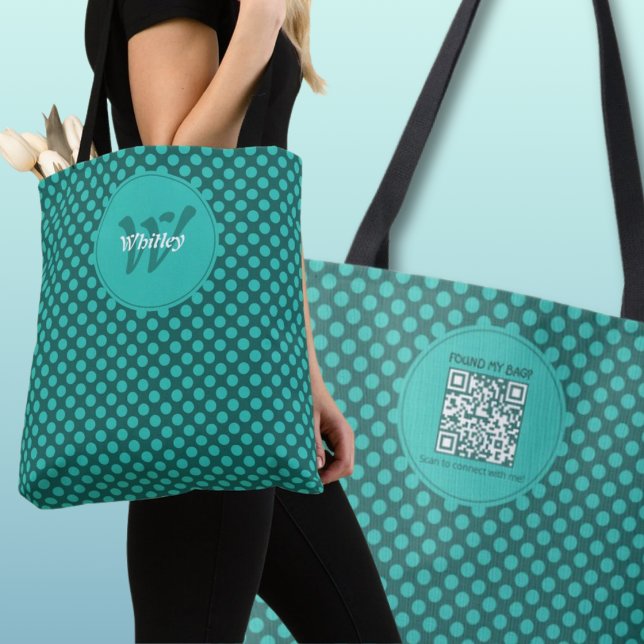 Chic-Punkte-Thema Smart Dynamic QR-Code (Chic Polka Dots Theme Smart Dynamic QR Code Tote Bag Front Monogram & Name)