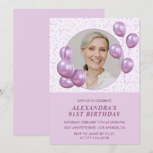 Chic Purple Balloons Foto zur 91. Geburtstagseinla Einladung