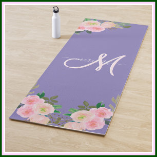 Chic Purple Floral Custom Monogram Name Yogamatte