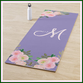 Chic Purple Floral Custom Monogram Name   Yogamatte