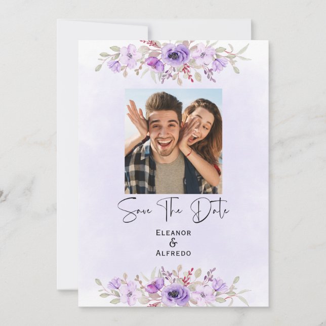 Chic Purple Floral Wedding Save the Date Einladung (Vorderseite)