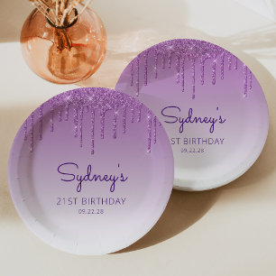 Chic Purple Glitter Drip 21. Geburtstagsfeier Pappteller