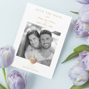 Chic Purple & Gold Heart Photo Couple Wedding Save The Date