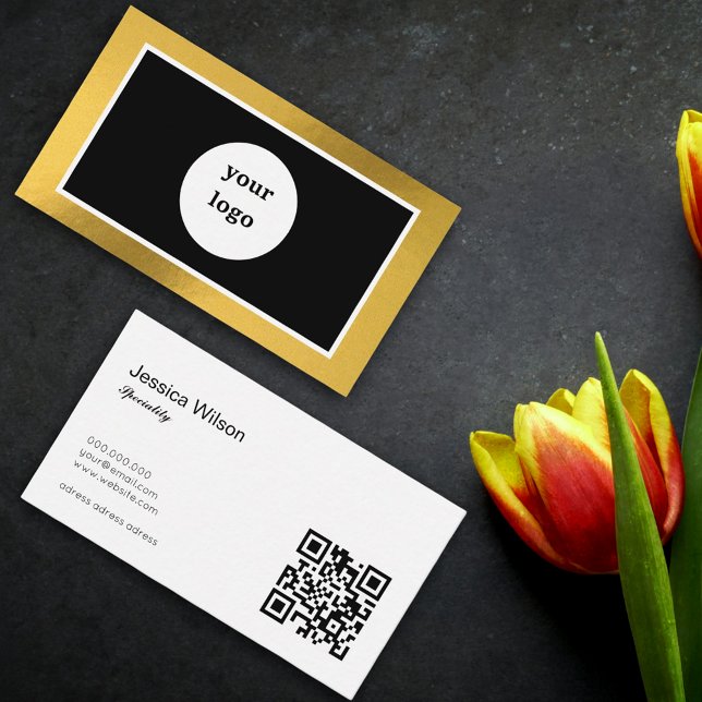 Chic QR Code benutzerdefiniertes Logo Gold moderne Visitenkarte (Chic QR code custom logo gold modern business card)