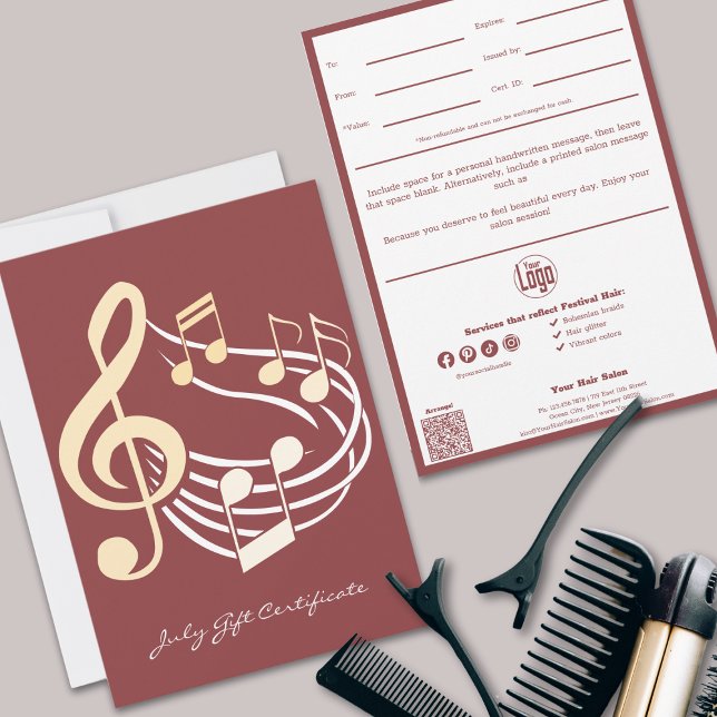 Chic QR Code Services Hinweis Juli Geschenkgutsche (Chic QR Code Services Note July Gift Certificate, Musical Swirl, Festival Hair Styles)