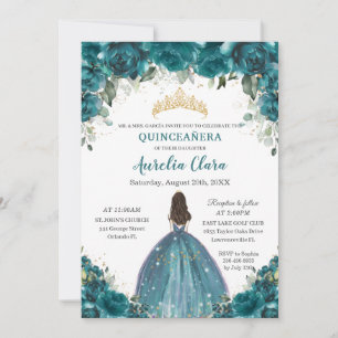 Chic Quinceañera Aquamarin Cyan Floral Princess Cr Einladung