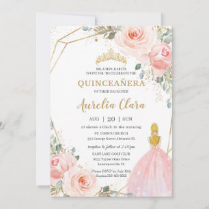 Chic Quinceañera Blush Pink Floral Blonde Geburtst Einladung
