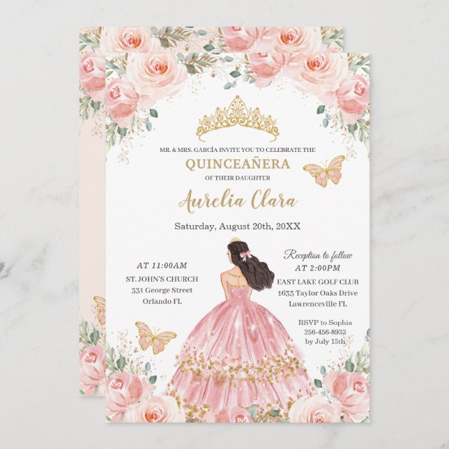 Chic Quinceañera Blush Pink Floral Gold Prinzessin Einladung (Vorne/Hinten)