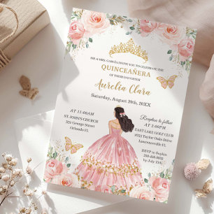 Chic Quinceañera Blush Pink Floral Gold Prinzessin Einladung