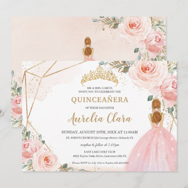 Chic Quinceañera Blush Pink Floral Tiara Geburtsta Einladung (Vorne/Hinten)