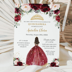 Chic Quinceañera Burgundy Blush Bloral Princess Einladung