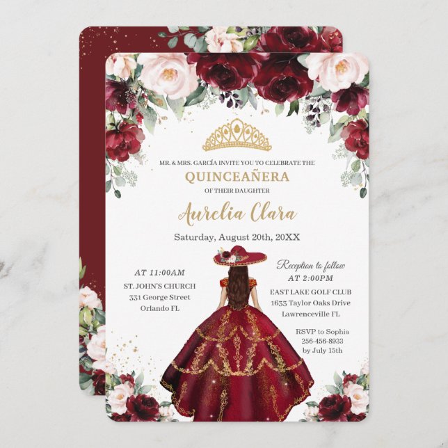 Chic Quinceañera Burgundy Blush Floral Charro Gold Einladung (Vorne/Hinten)