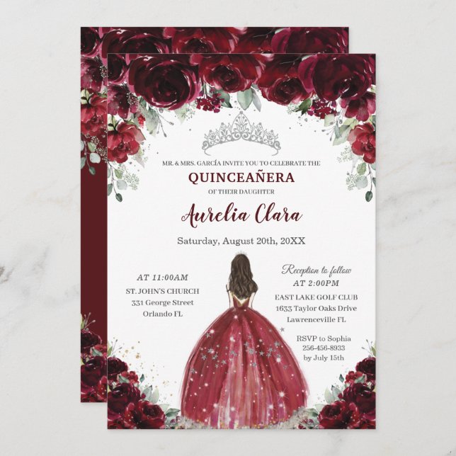 Chic Quinceañera Burgundy Floral Prinzessin Silver Einladung (Vorne/Hinten)