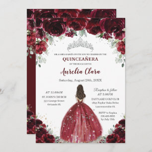 Chic Quinceañera Burgundy Floral Prinzessin Silver Einladung